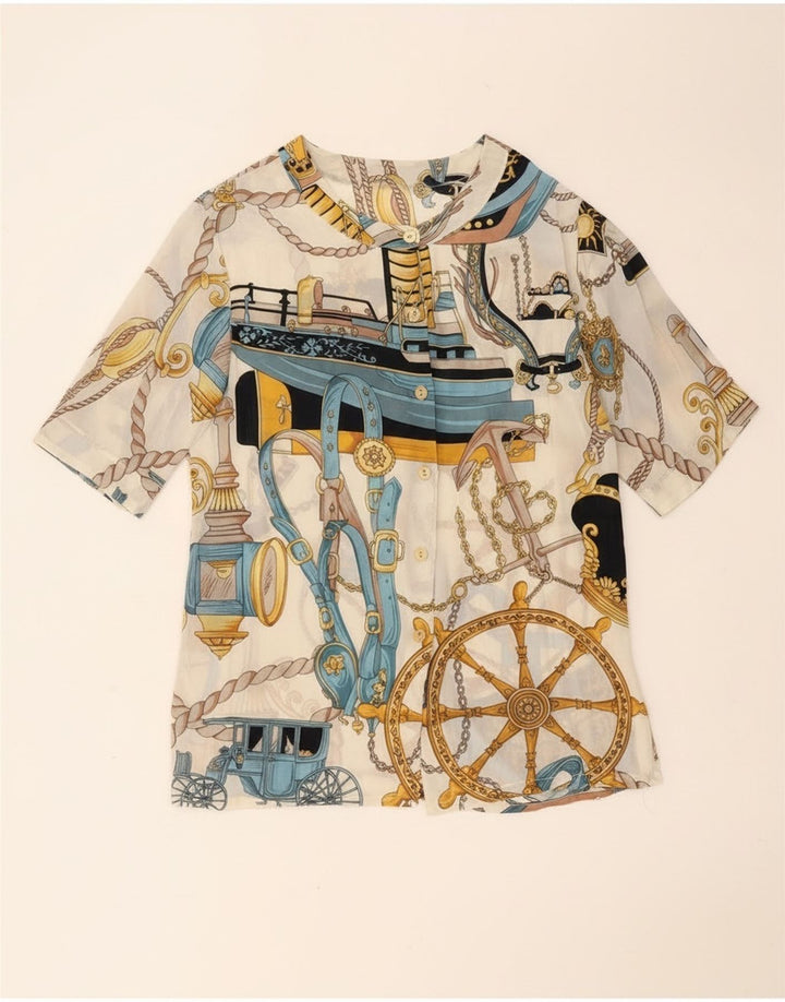 Bluză cămașă cu mânecă scurtă pentru femei vintage cu model abstract, UK 14, mare, albă