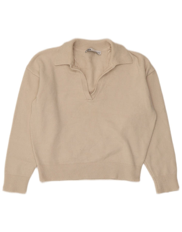 Pulover cu gât polo scurt Zara pentru femei UK 14 Bej mediu