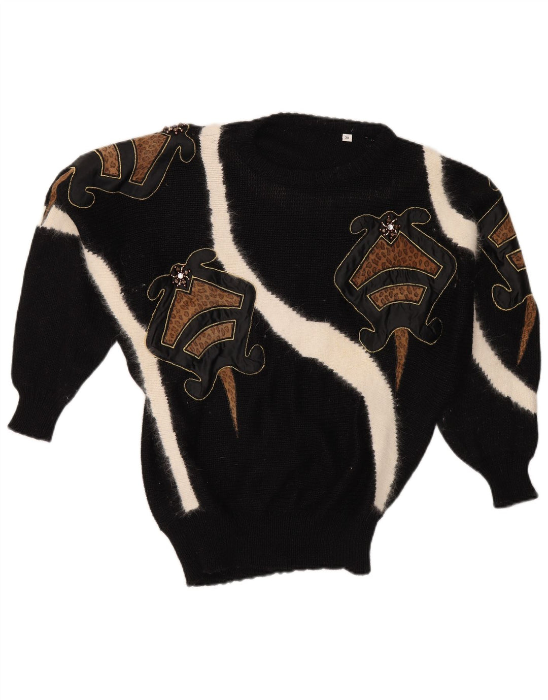 Pulover VINTAGE pentru femei cu decolteu rotund EU 38 Medium Black Colorblock