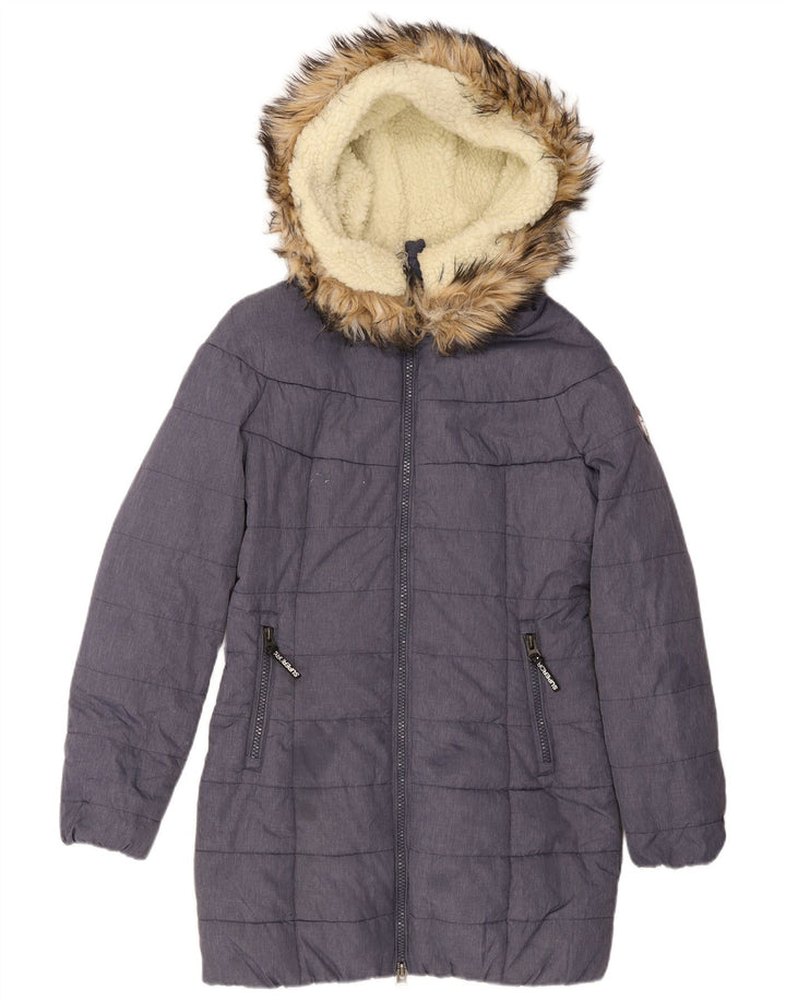 Jachetă căptușită cu glugă Superdry pentru femei UK 14 Medium Blue Nylon