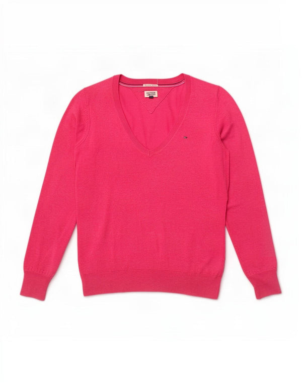 Pulover pentru femei Tommy Hilfiger cu decolteu în V UK 14, bumbac roz mediu