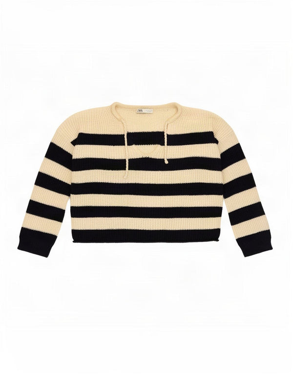 Pulover de damă Zara supradimensionat cu decolteu în V UK 14 Medium în dungi alb închis