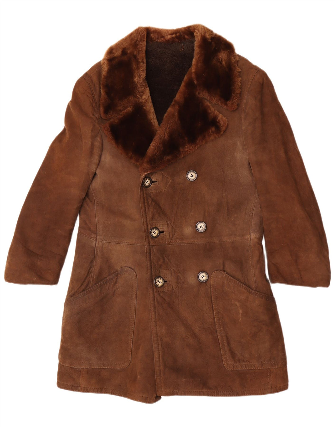 Palton din shearling vintage pentru femei la dublu piept UK 12 maro mediu