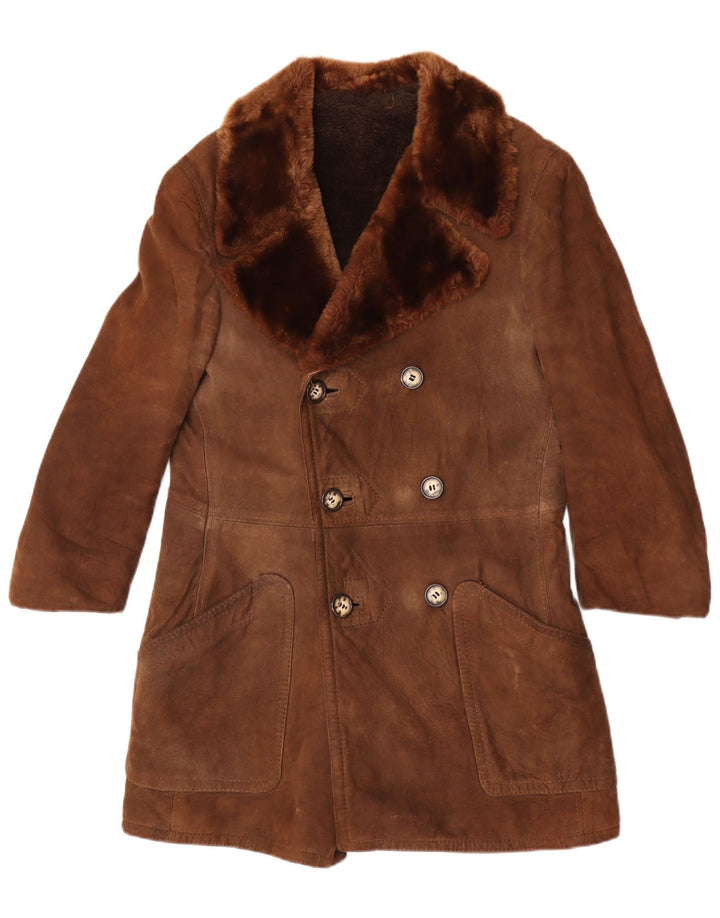 Palton din shearling vintage pentru femei la dublu piept UK 12 maro mediu