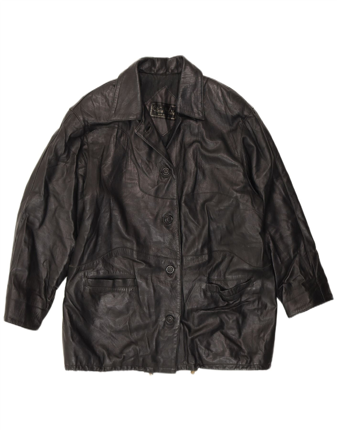 VINTAGE Womens 4 Button Leather Leather Coat UK 20 2XL Black Leather