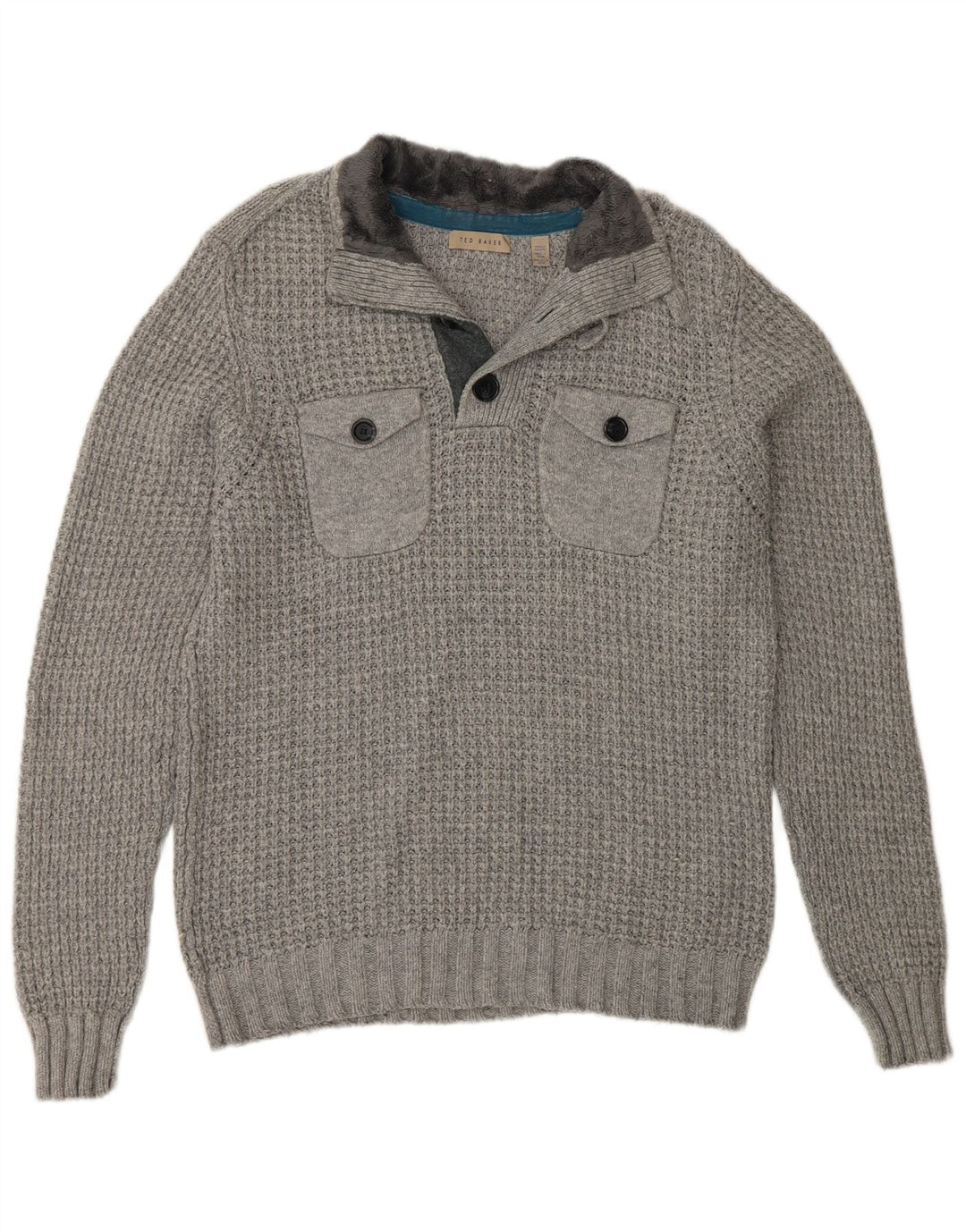 Pulover pentru bărbați Ted Baker, cu gât cu nasturi, mărime 4, bumbac gri mare