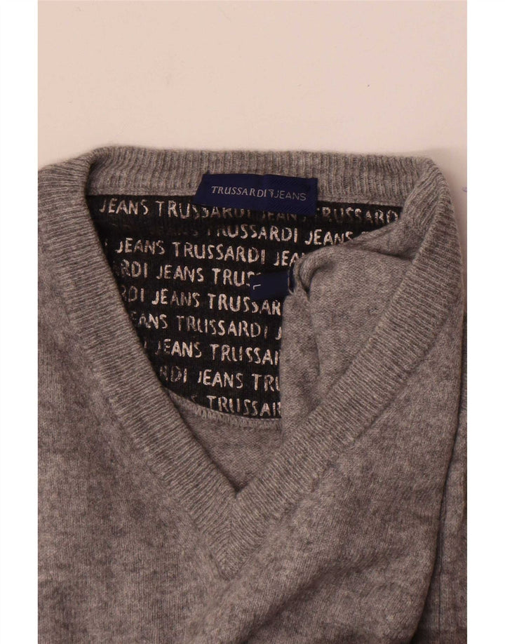 Pulover pentru bărbați Trussardi Jeans cu decolteu în V, mare, gri, pete