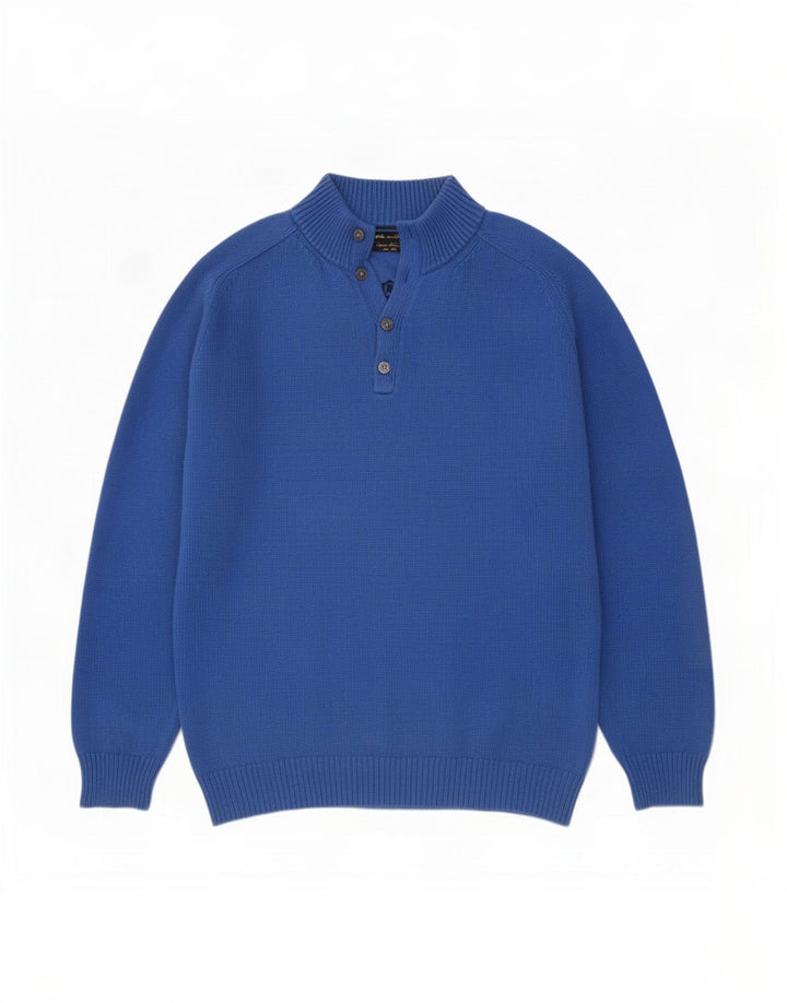 Massimo Dutti Pulover pentru bărbați cu gât cu nasturi, bumbac albastru 2XL