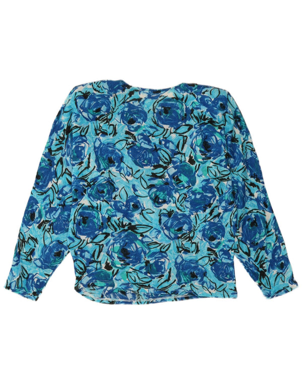 Vintage Womens Boat Neck Jumper Sweater UK 14 Medium Blue Floral Acrylic
