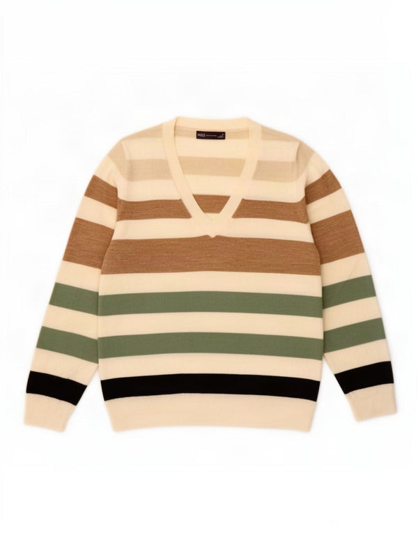 Pulover cu decolteu în V pentru femei Marks & Spencer UK 14 Medium Bej cu dungi
