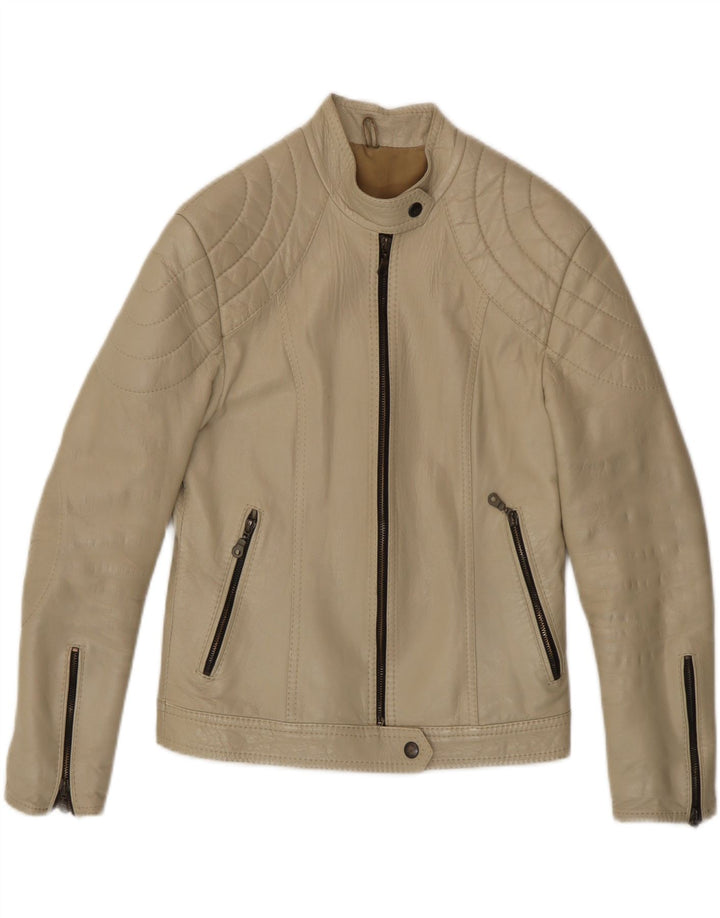 Jachetă de motociclist din piele vintage pentru femei UK 8 Small Beige