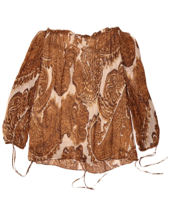 Top pentru femei Milly cu mâneci 3/4 cu umăr dezactivat US 8 Medium Brown Paisley Silk