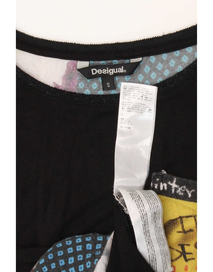 Desigual Womens Abstract Pattern Top mânecă 3/4 UK 10 Small Black Viscose