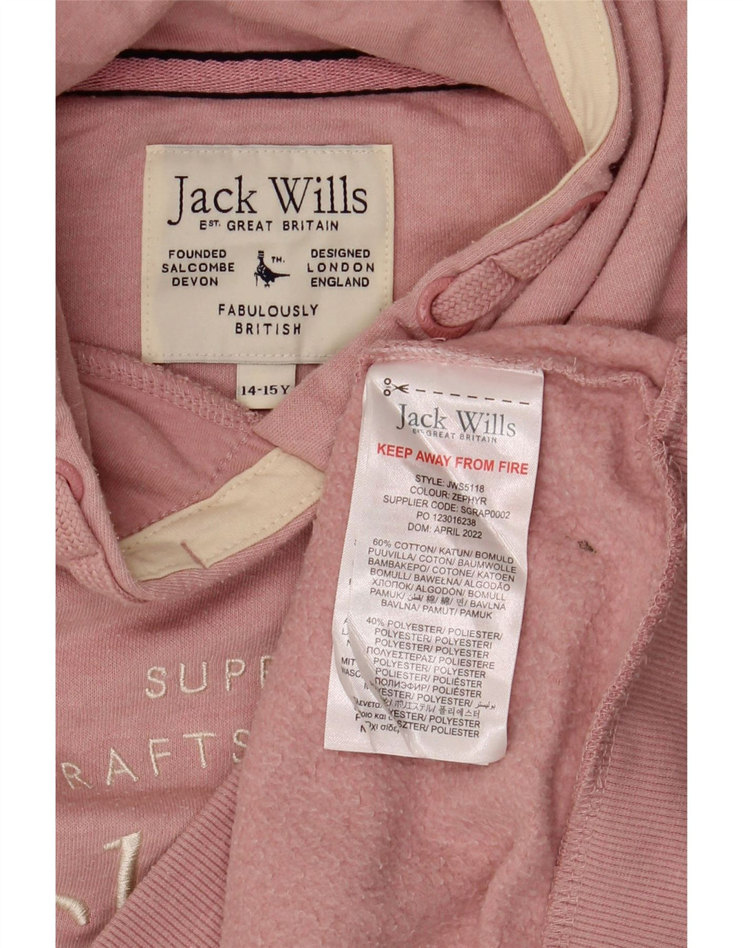 JACK WILLS Pulover cu glugă cu grafic pentru fete 14-15 ani, bumbac roz