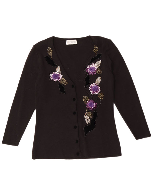 Pulover cardigan Francesca By Sottini pentru femei UK 14 Lână mare, neagră, florală