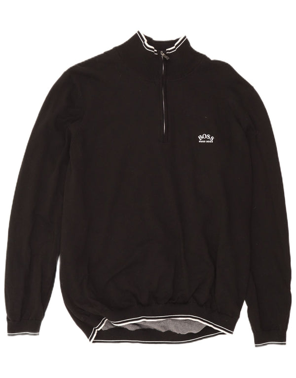 Pulover pentru bărbați Hugo Boss, cu fermoar și gât, bumbac negru 2XL