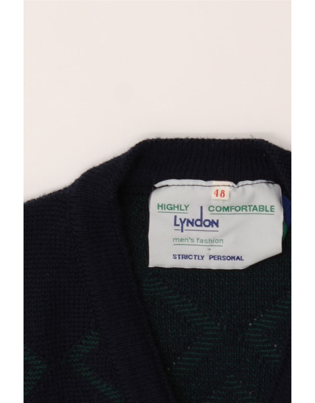 VINTAGE Mens V-Neck Jumper Sweater IT 48 Medium Navy Blue Geometric Vintage Vintage and Second-Hand Vintage from Messina Hembry 