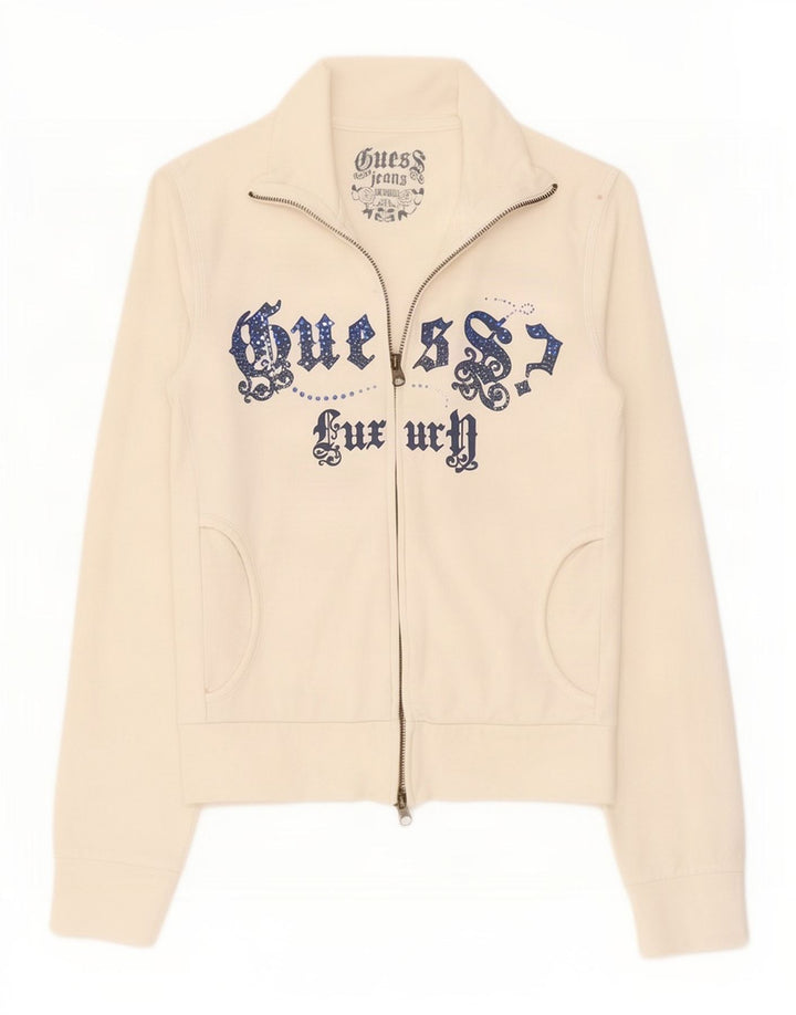 Jachetă de top pentru trening grafic Guess pentru femei UK 10, bumbac alb mic