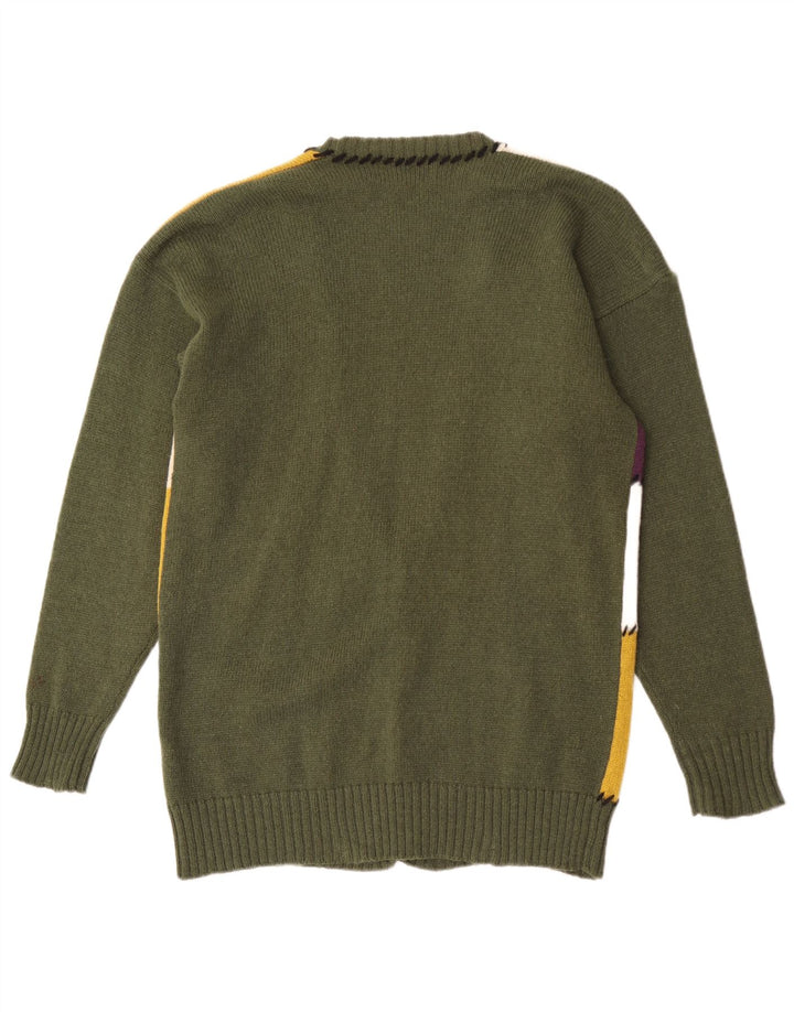 Pulover vintage cardigan grafic pentru femei UK 16, lână mare, verde, mozaic