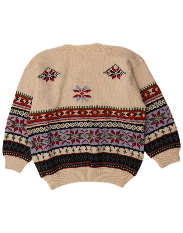 Pulover vintage pentru femei cu decolteu triplu UK 18 XL din lână Fair Isle alb