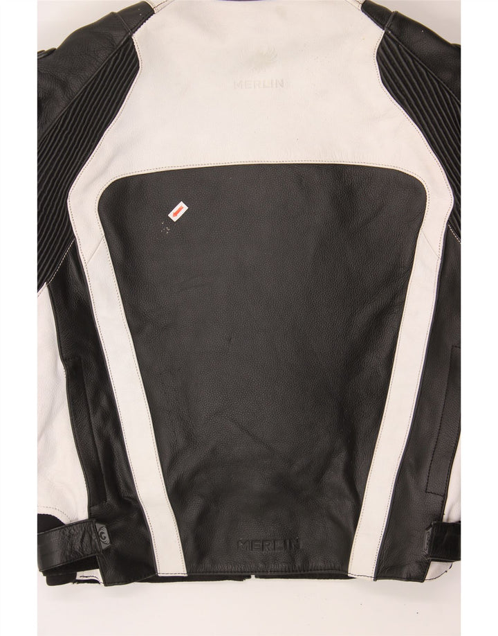MERLIN Mens Leather Racer Jacket UK 38 Medium Black Colourblock Leather Vintage Merlin and Second-Hand Merlin from Messina Hembry 