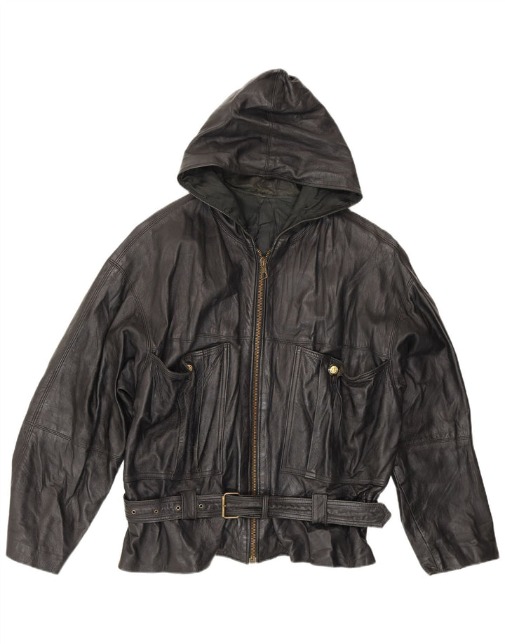 Jachetă de piele cu glugă vintage pentru bărbați UK 42 XL Negru