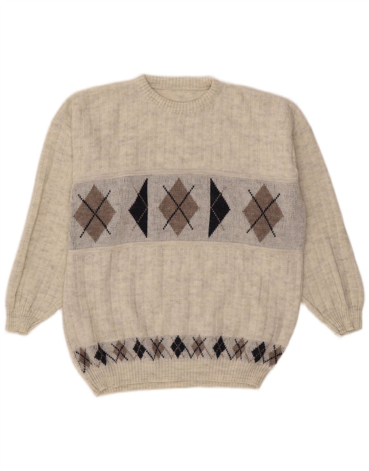 Pulover vintage pentru bărbați cu gât roșu, XL, gri Argyle/Diamond