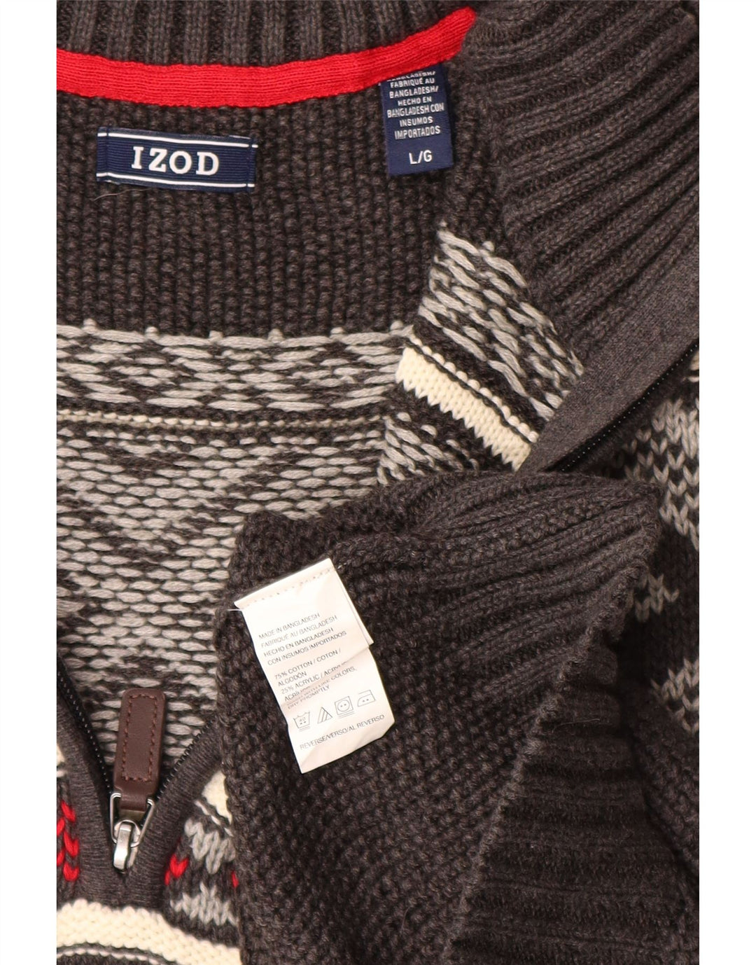 Pulover pentru bărbați IZOD, cu fermoar, cu gât, mare, gri din bumbac Fair Isle