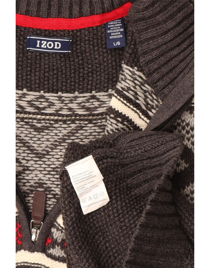 Pulover pentru bărbați IZOD, cu fermoar, cu gât, mare, gri din bumbac Fair Isle