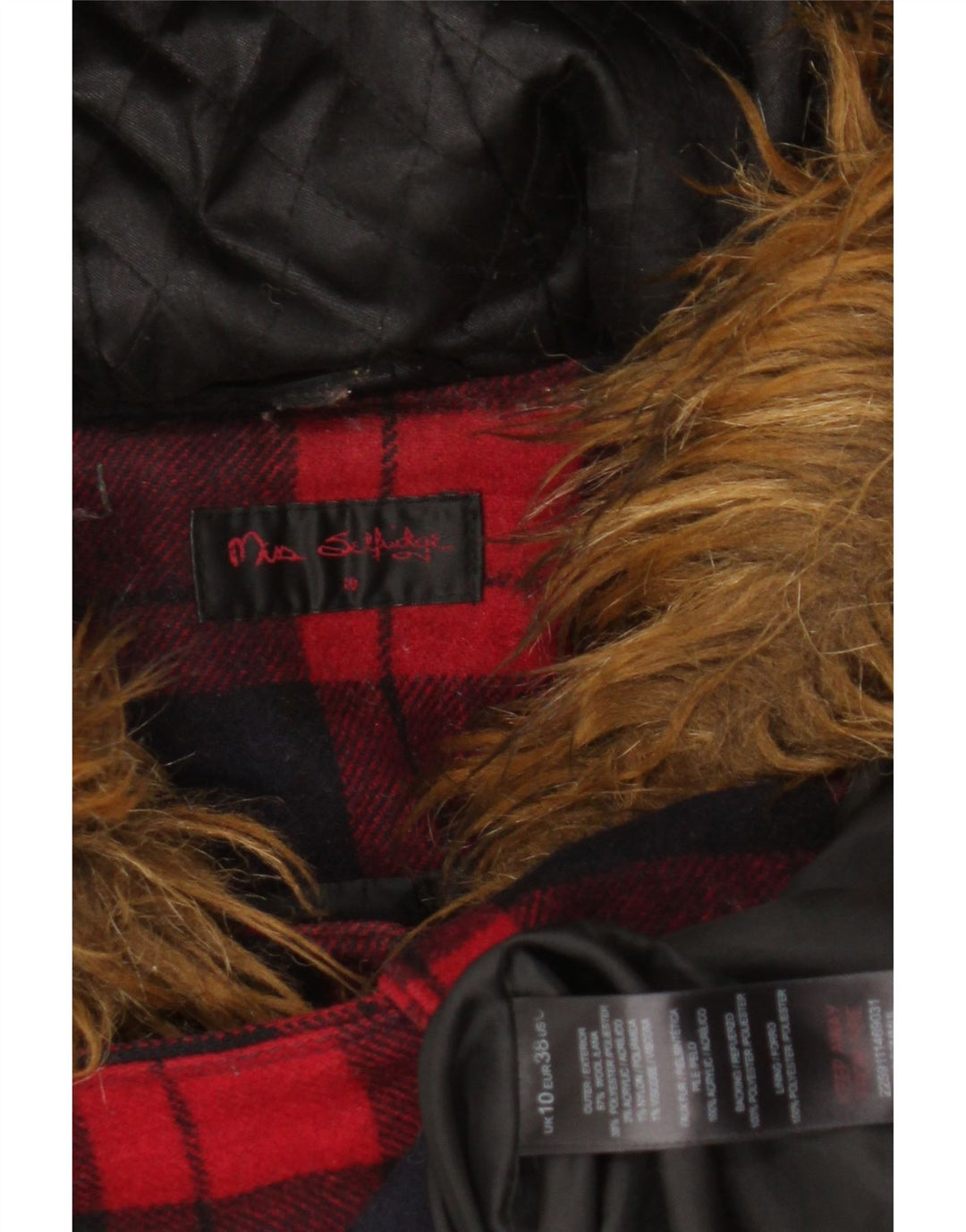 Jachetă duffle cu glugă pentru femei Miss Selfridge UK 10 Small Red Check Wool