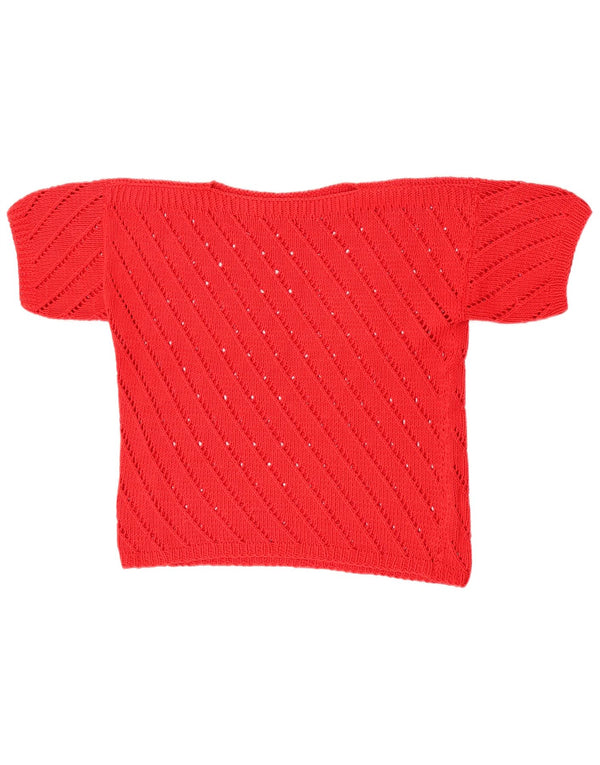 Pulover vintage pentru femei cu mânecă scurtă, cu gât de barcă, roșu mediu UK 14