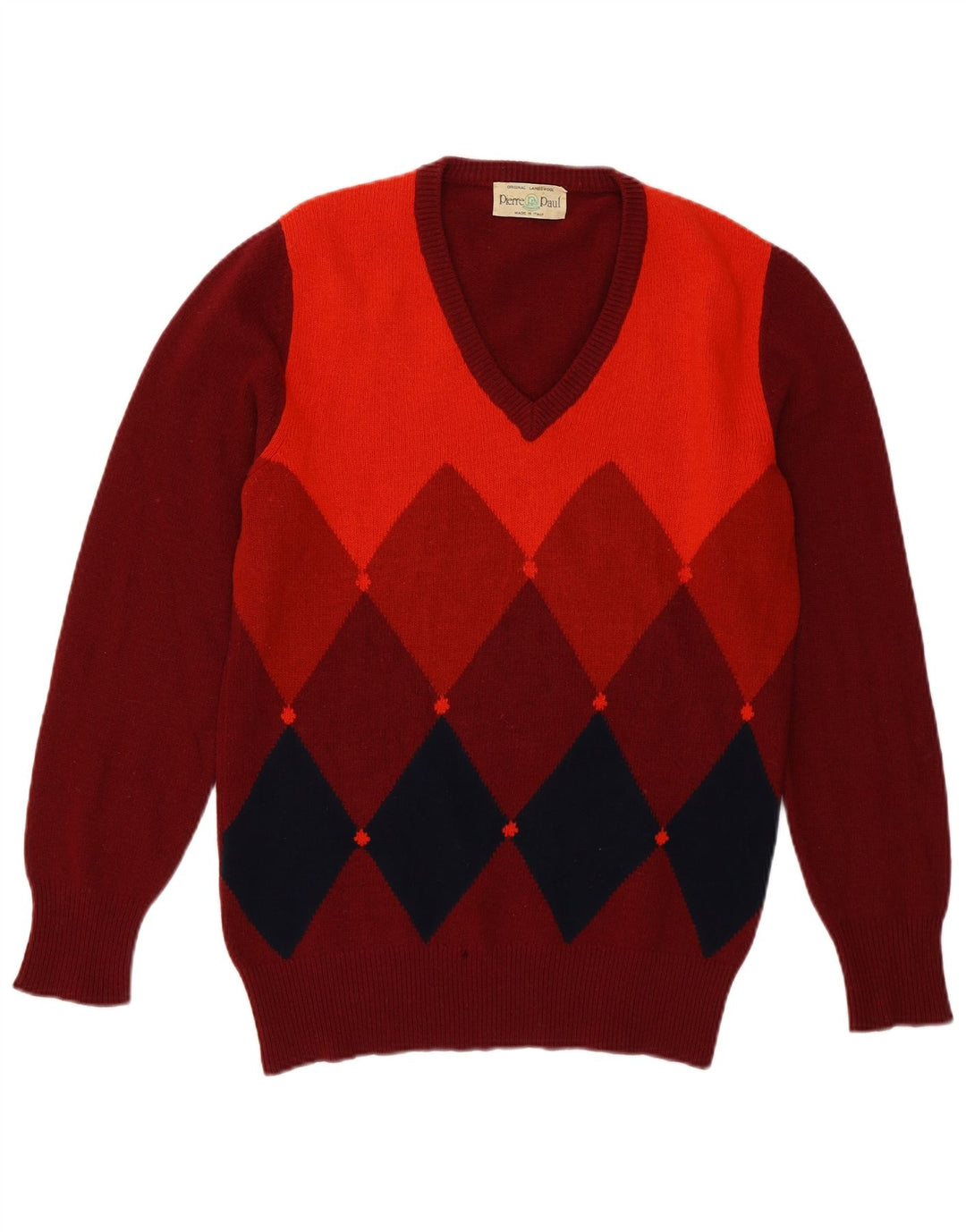 Pulover vintage pentru bărbați cu decolteu în V, mediu burgundă, lână de miel Argyle/Diamond