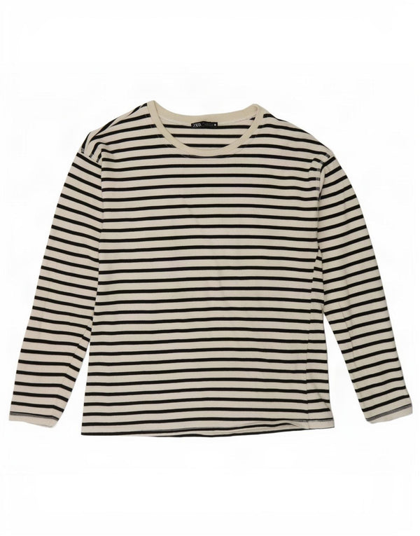 Zara Womens Top Long Sleeve UK 10 Small White Striped Cotton