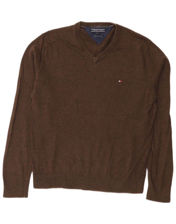 Pulover pentru bărbați Tommy Hilfiger cu decolteu în V, bumbac maro mediu