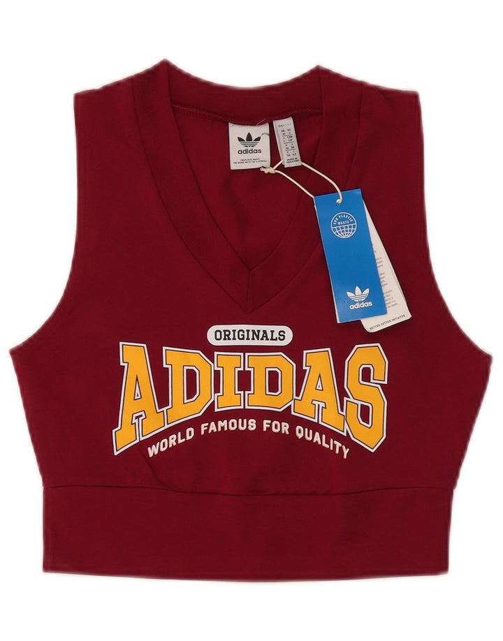 ADIDAS Crop Graphic Vest Top pentru femei UK 10 Small Burgundy Bumbac