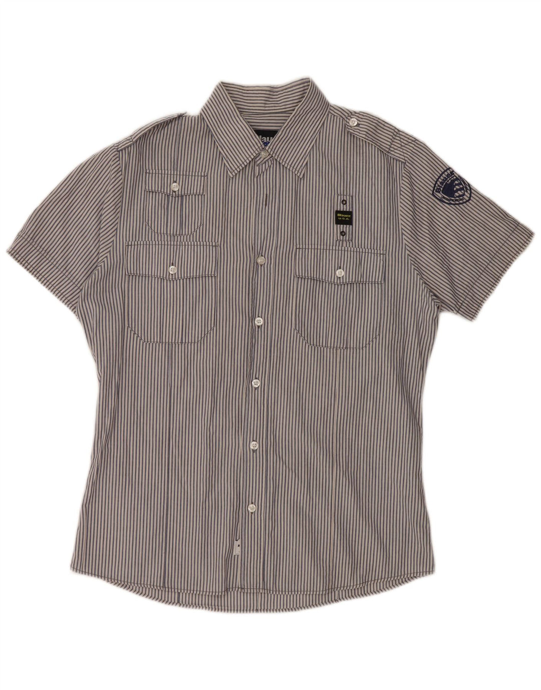 Cămașă militară cu mânecă scurtă pentru bărbați BLAUER, bumbac cu dungi albastre