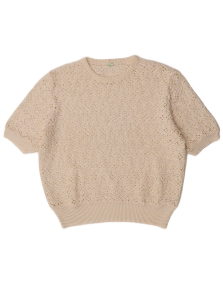 Pulover vintage pentru femei cu mânecă scurtă, cu gâtul turn, pulover UK 12 Medium Off White