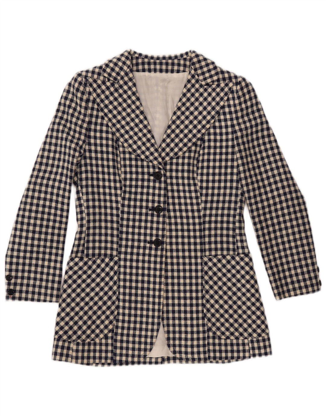 Jachetă pentru femei VINTAGE cu 3 nasturi, Marea Britanie 10 Mic Vichy, albastru bleumarin