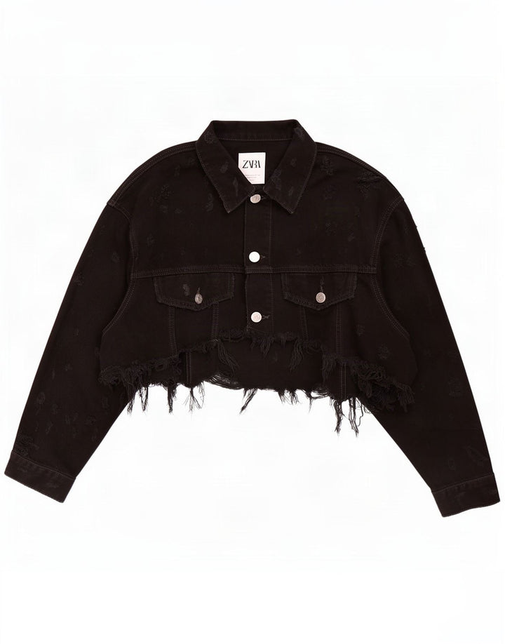 Jachetă de denim scurtă pentru femei Zara UK 12 Medium Black