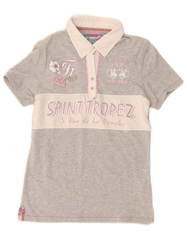 La Martina Womens Graphic Polo Shirt UK 10 Small Grey Colourblock Cotton