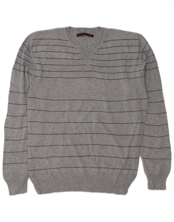 Pulover Levi's pentru bărbați, cu gât crew, bumbac cu dungi, gri mediu