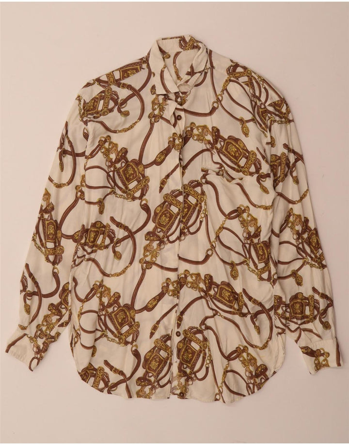 Bluză cămașă cu model abstract pentru femei VINTAGE UK 14, mare, albă, viscoză