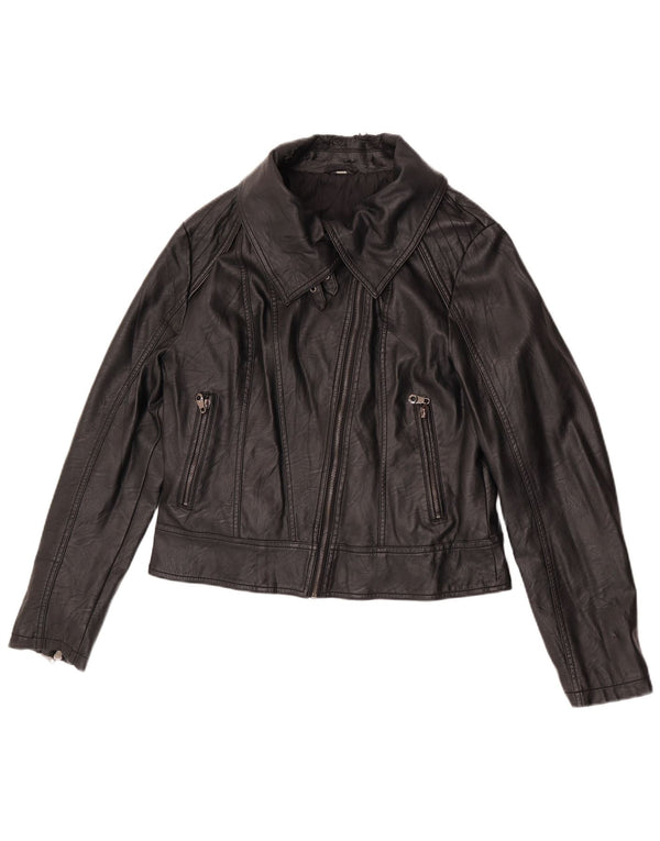 Jachetă de motociclist din piele artificială vintage pentru femei UK 18 XL poliuretan negru