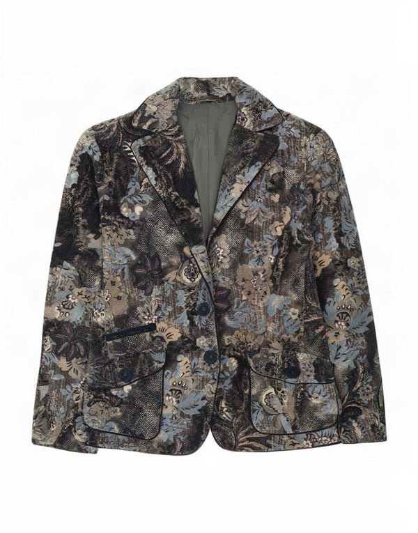 Jachetă vintage pentru femei cu 2 nasturi, UK 16, mare, albastru, bumbac floral