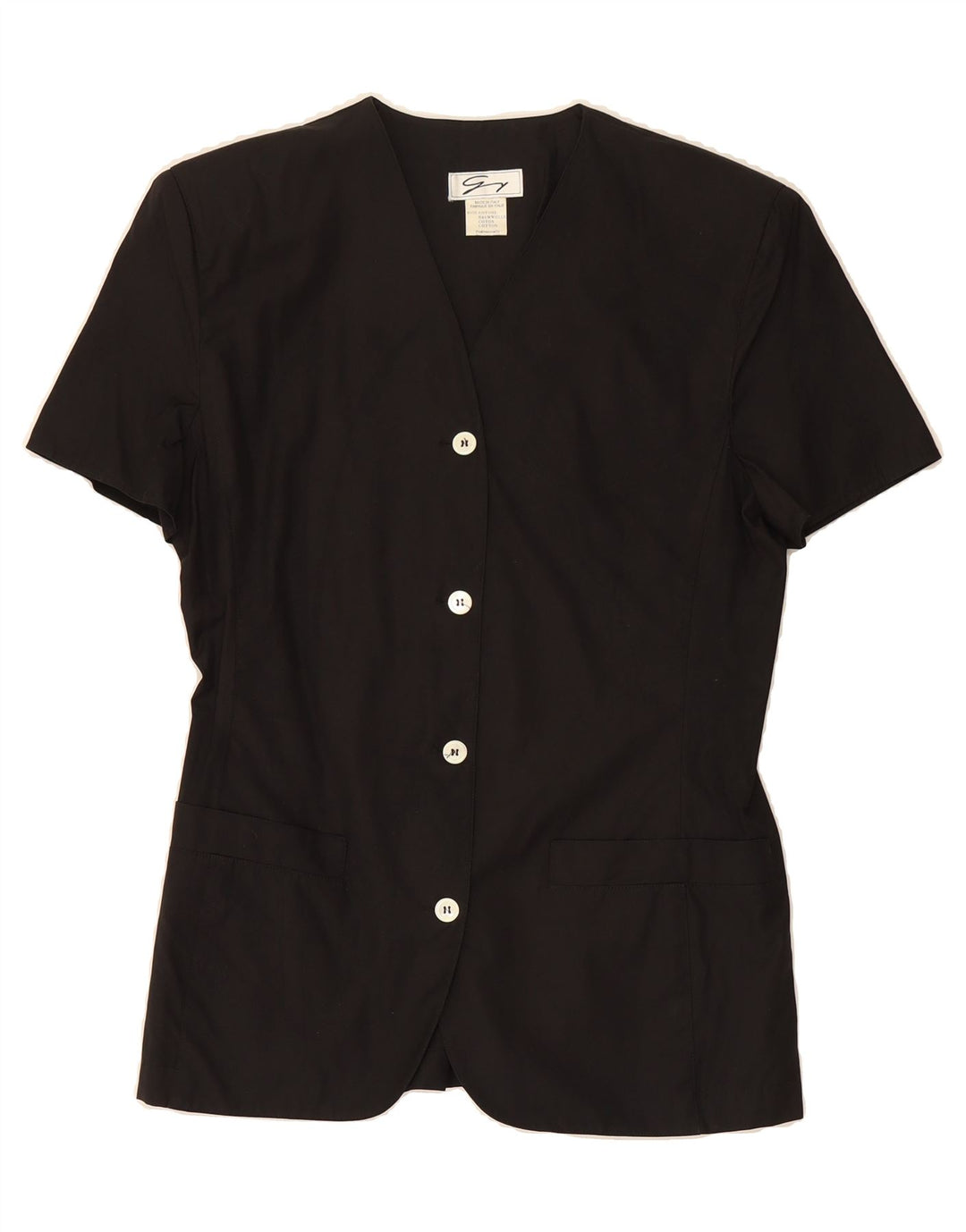 GENNY Womens Short Sleeve 4 Button Blazer Jacket UK 14 Medium Black Cotton Vintage Genny and Second-Hand Genny from Messina Hembry 