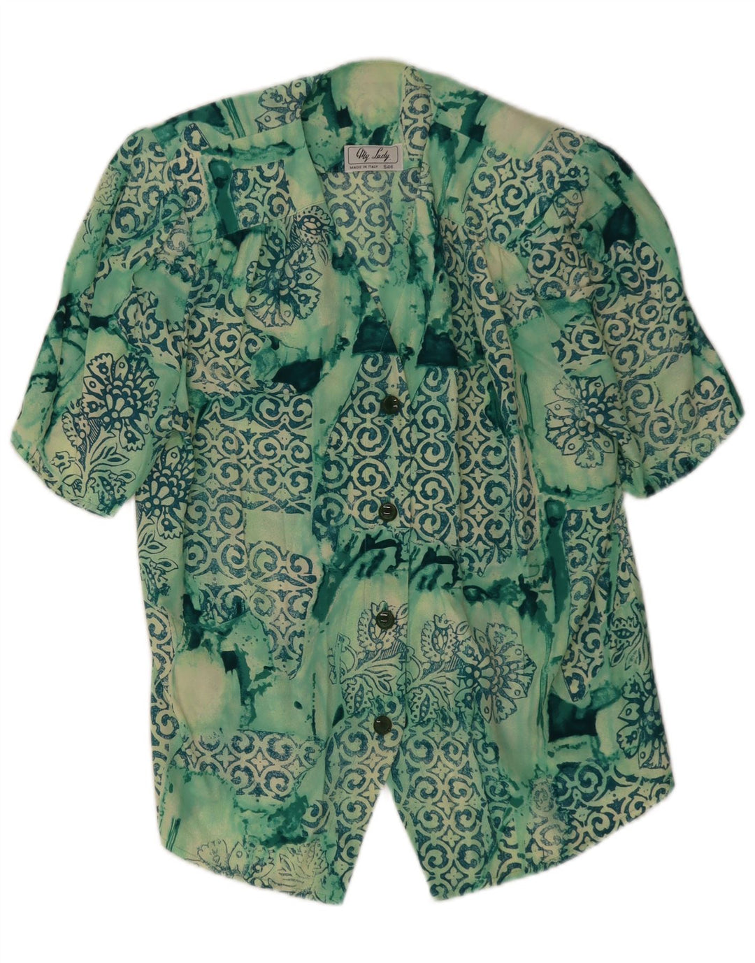 Bluză cămașă cu mânecă scurtă pentru femei vintage UK 14 verde mediu mozaic
