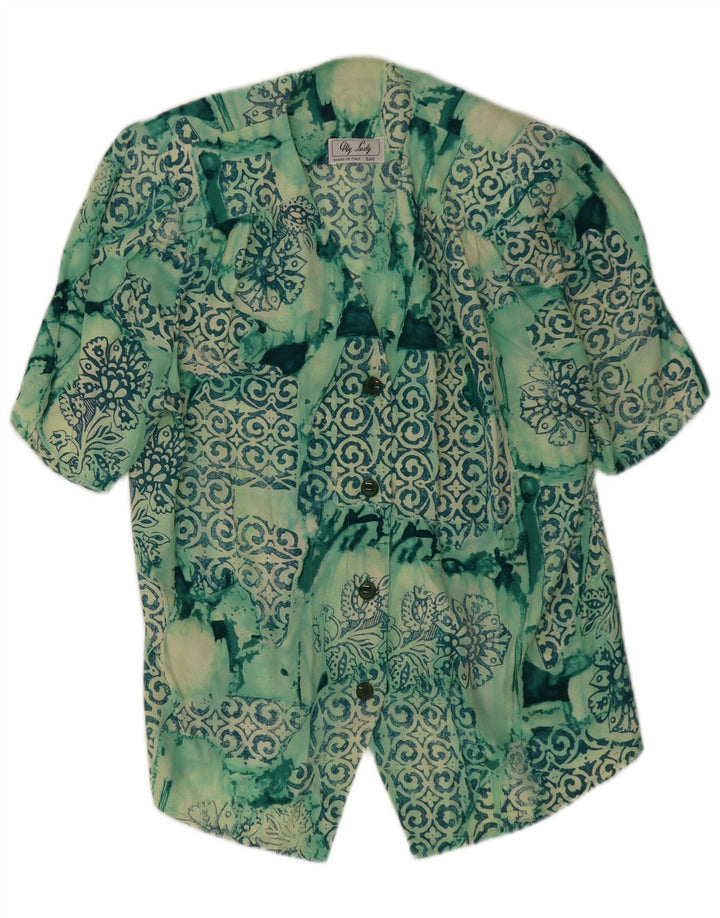 Bluză cămașă cu mânecă scurtă pentru femei vintage UK 14 verde mediu mozaic