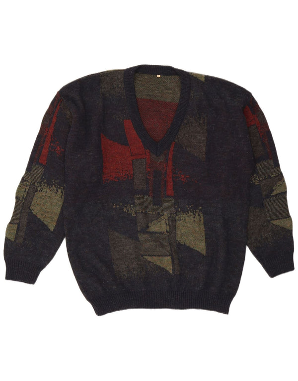 Pulover Vintage pentru bărbați cu decolteu în V XL Lână geometrică bleumarin