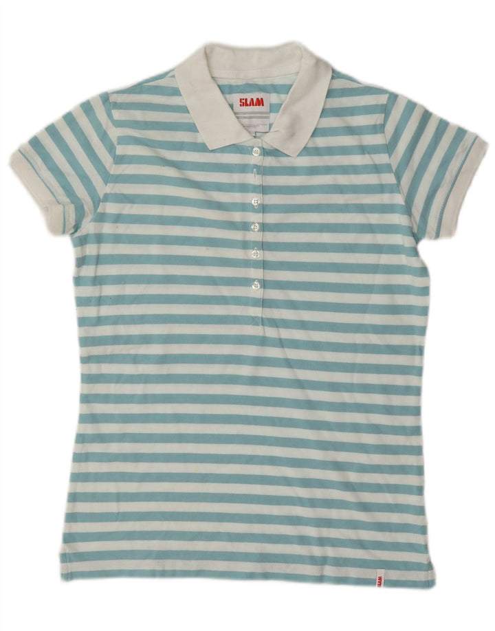 Tricou polo Slam pentru femei UK 14, bumbac cu dungi albastre medii