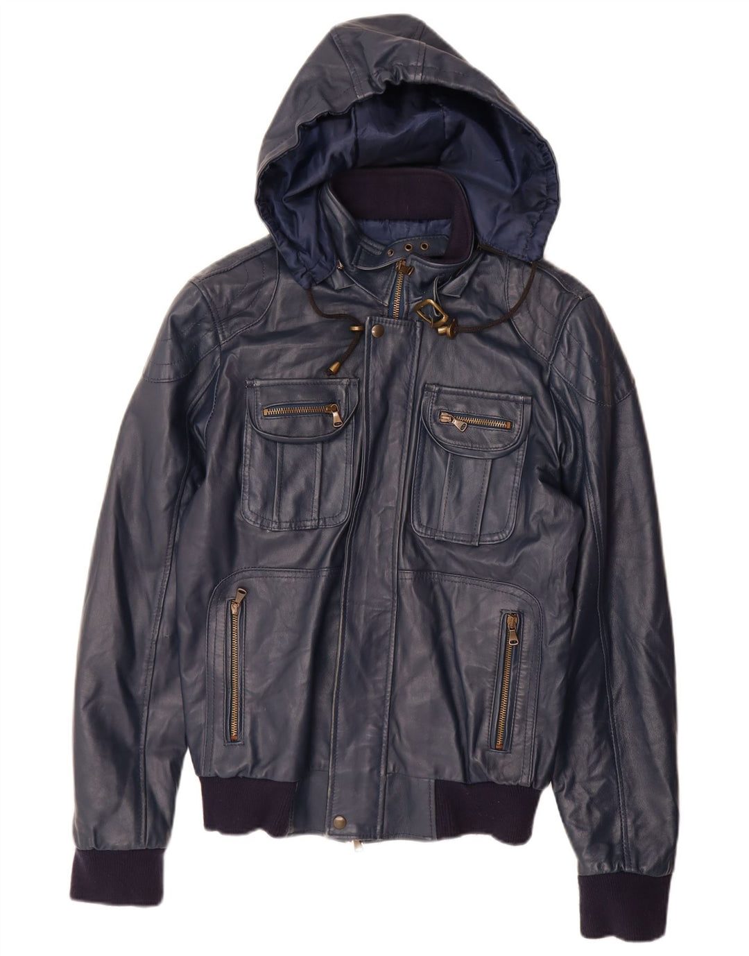 Jachetă de piele pentru femei VINTAGE cu glugă UK 14, mare, albastru bleumarin